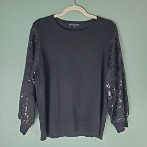 Adrianna Papell Womens Black Sequin Knit Crewneck 3/4 Sleeve Sweater Size Large